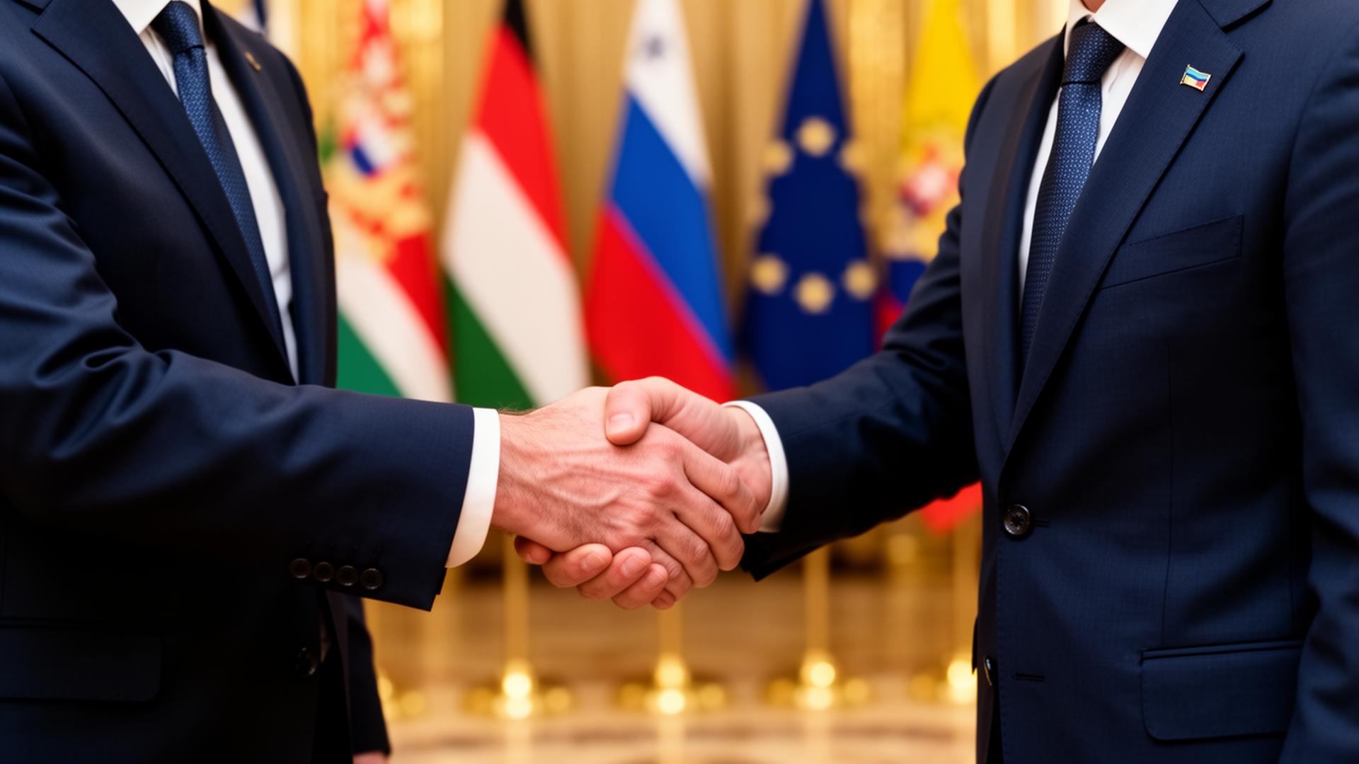 Diplomatic handshake with international flags